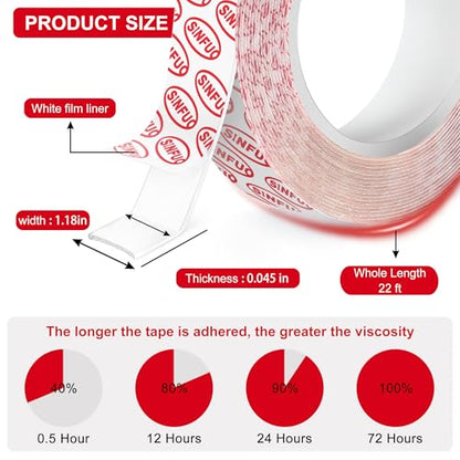 Sinfuo Double Sided Tape Heavy Duty, Removable Nano Double Sided Adhesive Tape(22Ft), Removable Damage Clear Mounting Tape Picture Hanging Adhesive Strips - size: 1.18in x 22ft