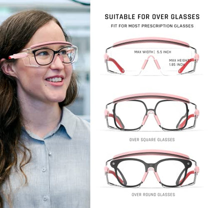 Anti Fog Safety Glasses Safety Goggles Over Glasses Protective Glasses with Anti Scratch Lenses Adjustable - color: Pink