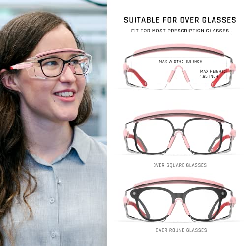 Anti Fog Safety Glasses Safety Goggles Over Glasses Protective Glasses with Anti Scratch Lenses Adjustable - color: 2 Pack (Pink + Black)