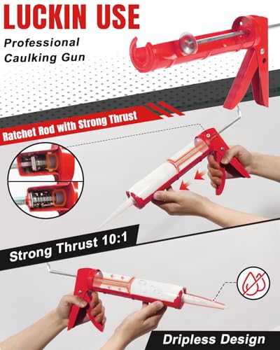 Holothurian Caulking Gun, Caulk Gun No Drip,Sealant Finishing Tool Grout Scraper for Kitchen Bathroom Window Sink Joint, 1/10 Gallon Cartridge, 10:1 Thrust Ratio, Red - color: Red