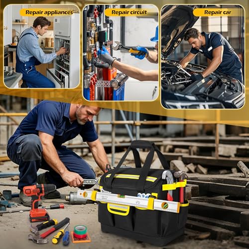 15-Inch Tool Organizer Bag with Hard Base, Heavy Duty Tool Box for Men, Tactical Electrical Work Bag for Electrician, Craftsman, Black