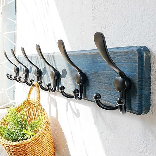 Dseap Coat Rack Wall Mounted - 24" Long 6 Tri Hooks, Heavy Duty Wooden Wall Coat Hanger Coat Hook for Clothes Hat Jacket Clothing, Weathered Blue and Black, Pack of 2 - color: Weathered Blue & Black, size: L=24"