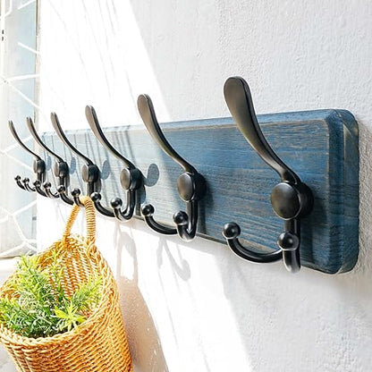 Dseap Coat Rack Wall Mounted - 24" Long 6 Tri Hooks, Heavy Duty Wooden Wall Coat Hanger Coat Hook for Clothes Hat Jacket Clothing, Weathered Blue and Black, Pack of 2 - color: Weathered Blue & Black, size: L=24"