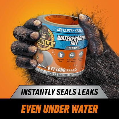 Gorilla Waterproof Patch & Seal Tape, Clear Tape, 4" x 8' (Pack of 1) - Permanent Weather Resistant Seal for Leaks and Repairs
