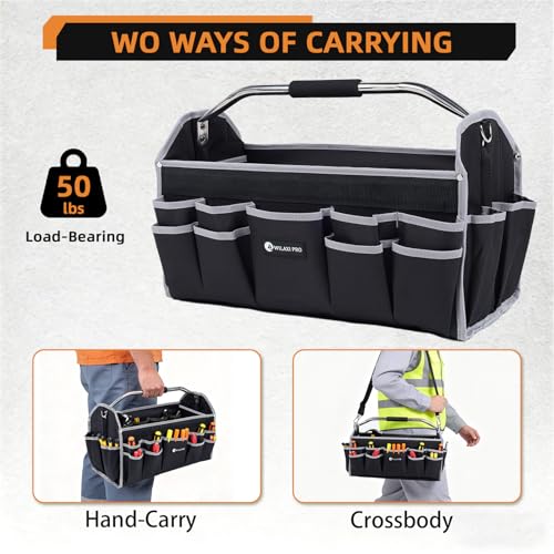 22in Tool Bags For Men Heavy Duty, 33 PCS Pockets Tool Bag Organizer Foldable Open Top Tool Bag With Handle, Wide Mouth Electrician Tool Tote, Grey - size: 22inch