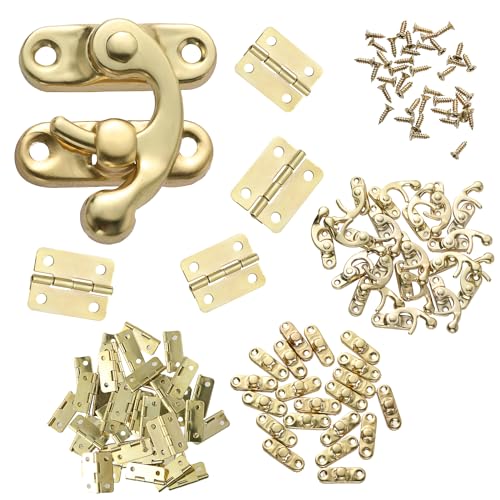 300-Piece Jewelry Box Hardware Set, Includes 40 Jewelry Box Hinges 20 Antique Right Latches Hook Hasps 240 Replacement Screws, Small Decorative Hinges for Wooden Box Cabinet (Brass Color)