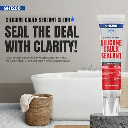 GH1200 150 ML/5 FL Oz Silicone Caulk Clear Silicone Sealant Waterproof, Kitchen & Bathroom Caulk - Shrink & Crack Proof - Indoor & Outdoor Use Silicone Glue - Strong Caulking Formula Tube - style: 150 ML Clear Sealant
