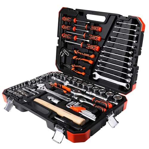 REALTEK 100 Piece Mechanic Tool Set, Car Tool Kit, Cr-V Socket Wrench Auto Repair Kit Includes Socket Accessories, Pliers, Heavy Hammer, Screw Drivers, General Households Tools with Larger Case