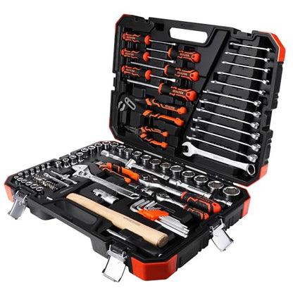 REALTEK 100 Piece Mechanic Tool Set, Car Tool Kit, Cr-V Socket Wrench Auto Repair Kit Includes Socket Accessories, Pliers, Heavy Hammer, Screw Drivers, General Households Tools with Larger Case