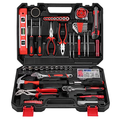 120 Piece Basic Tool Set General Household Hand Kit with Plastic Toolbox Storage Case Red & Black for Men &Women - style: 120Pcs(Red)