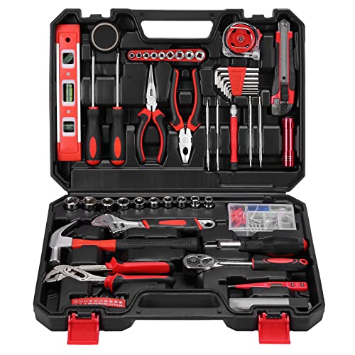 120 Piece Basic Tool Set General Household Hand Kit with Plastic Toolbox Storage Case Red & Black for Men &Women - style: 120Pcs(Red)