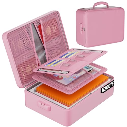 DocSafe 5200°F Document Organizer with Lock,Upgraded Heat Insulated Fireproof＆Waterproof Box 8 Layers File Organizer,Portable Home Travel Safe Storage for Important Documents, Files,Pink (Soft) - color: Pink, size: 15"x11"x4.1"