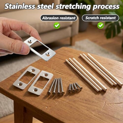 2 Pack Door Striker Plates Large Hole Deadbolt Strike Plate Stainless Steel Round Corner Latch Restorer StrikePlate with Wood Dowel Strips,Universal Backplate for Home Door