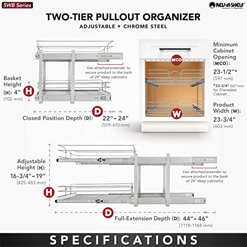 Rev-A-Shelf 2-Tier Kitchen Cabinet Pullout Shelf and Drawer Organizer Slide Out Pantry Storage Basket in Multiple Sizes, 24 x 22 In, 5WB2-2422-CR-1 - size: 24" W X 22"d, style: Two Tier