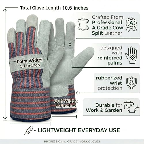 Work Gloves for Men, Durable Leather Mechanic Gloves with Rubberized Safety Cuff - color: Red