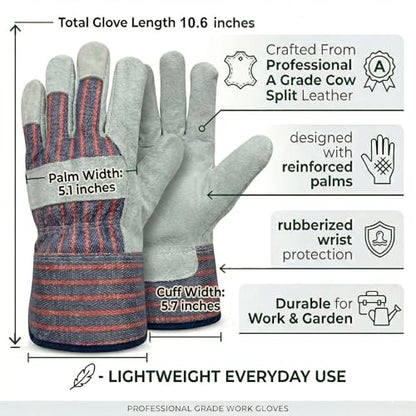 Work Gloves for Men, Durable Leather Mechanic Gloves with Rubberized Safety Cuff - color: Red