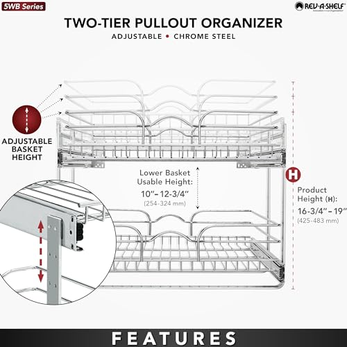 Rev-A-Shelf 2 Tier Kitchen Cabinet Pullout Shelf and Drawer Organizer Slide Out Pantry Storage Basket in Multiple Sizes, 21 x 22 In, 5WB2-2122CR-1 - size: 21" W X 22"d, style: Two Tier