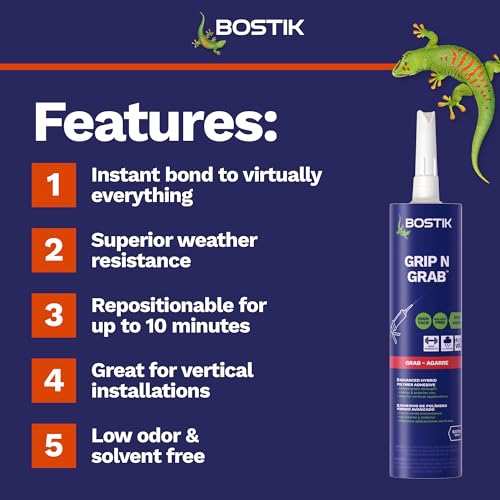 BOSTIK Grip n Grab 9.5oz Instant Grab Premium Heavy Duty Adhesive Glue | Professional Grade | Internal External Waterproof Low Odor Fast Cure | Wood Concrete Drywall Metal & More | 1 Cartridge