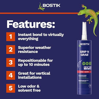 BOSTIK Grip n Grab 9.5oz Instant Grab Premium Heavy Duty Adhesive Glue | Professional Grade | Internal External Waterproof Low Odor Fast Cure | Wood Concrete Drywall Metal & More | 1 Cartridge