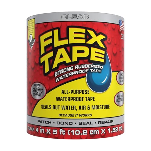 Flex Tape, Original Thick Flexible Rubberized Waterproof Tape - Seal and Patch Leaks, Works Underwater, Indoor Outdoor - Home RV Roof Plumbing and Pool Repairs, Clear, 4 in x 5 ft, Pack of 1 - color: Clear, size: 4x5 Inch (Pack of 1)