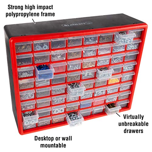64-Drawer Storage Organizer - Plastic Drawers for Organization - Desktop or Wall-Mounted Container for Hardware, Tools, and Beads by Stalwart (Red) - style: 64 Drawers