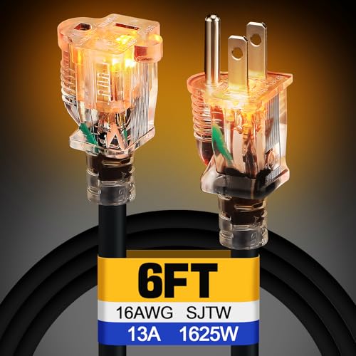 Lighted End Outdoor Extension Cord Waterproof -16AWG, 3 Prong, 13A, 1625W, Flexible Black Power Extension Cord for Outsides, 6ft - color: Black, size: 6ft