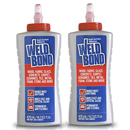 Weldbond Multi-Surface Strong Glue – Fast Drying Glue for Wood, Tile, Ceramic, Pottery, Glass, Metal & More – Heavy Duty Adhesive for Mosaic, Crafts, Wood Working & Repairs – 14.2oz (420ml), 2 Pack - size: 2-pack