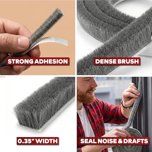 XFasten Self Adhesive Weather Stripping for Windows and Doors, 0.35" x 33 Ft Soundproofing Door Brush Seal Draft Stopper, Gray Insulation Seal Strip for Summer Heat, Winter Draft Blocker, 0.6" Thick - size: 0.6" Thick (0.35-Inch x 33 Feet)