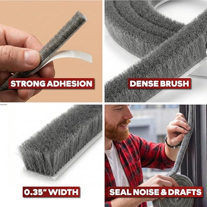 XFasten Self Adhesive Weather Stripping for Windows and Doors, 0.35" x 33 Ft Soundproofing Door Brush Seal Draft Stopper, Gray Insulation Seal Strip for Summer Heat, Winter Draft Blocker, 0.6" Thick - size: 0.6" Thick (0.35-Inch x 33 Feet)
