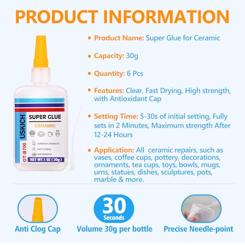 Super Glue for Porcelain and Pottery Repair with Anti Clog Cap. 6 x 1 fl oz,CA Glue - Clear Ceramic Repair Adhesivefor Dishes, Tiles, DIY Crafts, Quick Dry - style: Ceramic-Glue