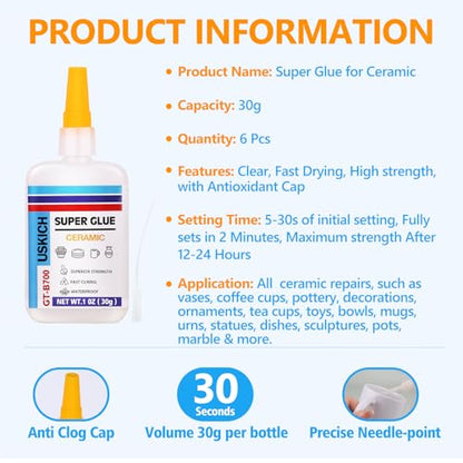 Super Glue for Porcelain and Pottery Repair with Anti Clog Cap. 6 x 1 fl oz,CA Glue - Clear Ceramic Repair Adhesivefor Dishes, Tiles, DIY Crafts, Quick Dry - style: Ceramic-Glue
