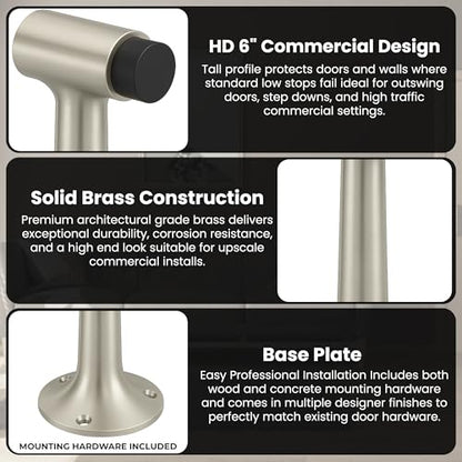 Heavy Duty 6″ Door Stopper, Solid Brass Commercial Grade, Floor Mount - Satin Nickel Finish (US15) - color: Satin Nickel