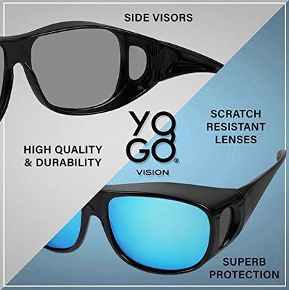 Fit Over Wrap Sunglasses Polarized Lens Wear Over Eyeglasses 100% UV Protection for Men and Women - color: 1 Pack: Black Frame and Blue Mirror Lens