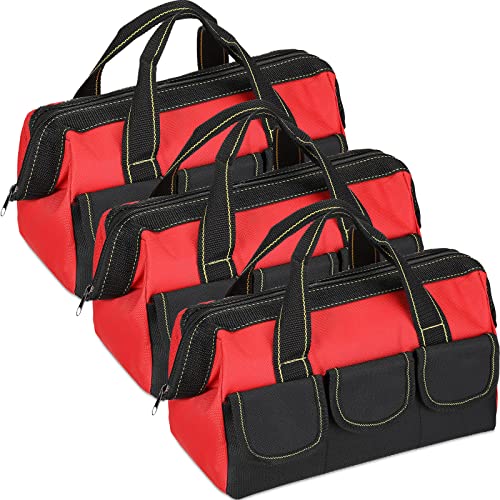 Sanwuta 3 Pack Tool Bag for Men with Waterproof Hard Bottom, Heavy Duty Tool Bag Wide Mouth Tote for Various Instrument, Electrician Carpenter Mechanic(Red,13 Inch,Classic) - color: Red, size: 13 Inch, style: Classic