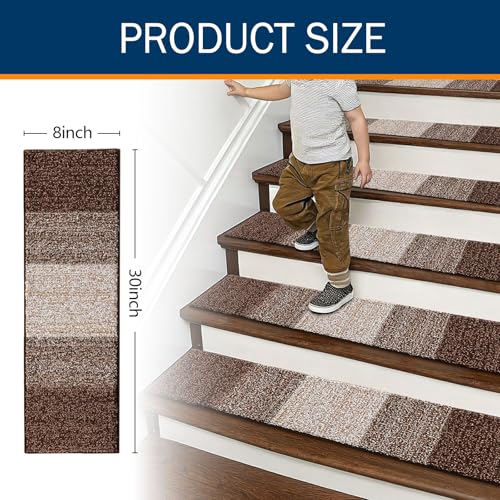 OLANLY Stair Treads Non Slip 15PCS, 8" x 30" Indoor Stair Runners for Wooden Steps, Edging Stair Rugs with Reusable Peel and Stick Adhesive for Kids Elders and Pets, Brown - color: Brown