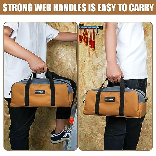 MELOTOUGH Tool Tote Bag Small Canvas Tool Bag with Zipper Combo Kit-Includes 2 Medium Tool Organizer Bags for Electrician,Plumbing,Technician,HVAC(14 inch,Tan) - color: TanGrey