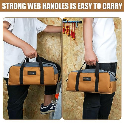 MELOTOUGH Tool Tote Bag Small Canvas Tool Bag with Zipper Combo Kit-Includes 2 Medium Tool Organizer Bags for Electrician,Plumbing,Technician,HVAC(14 inch,Tan) - color: TanGrey