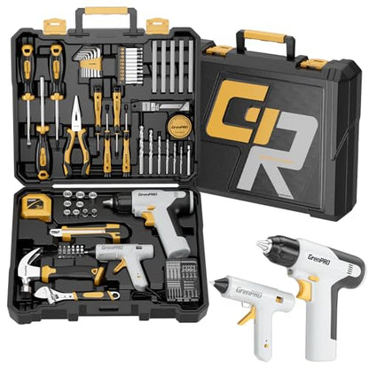 GRENPRO Tool Set Drill Set, 188PCS Tool Kit for Home with Cordless Drill Power, Hand Tool Kit for Women, Basic Household Auto Car Repair Tool Box for Men, Portable Plastic Storage Box Tools Sets - style: Yellow Power Drill Set 188PC
