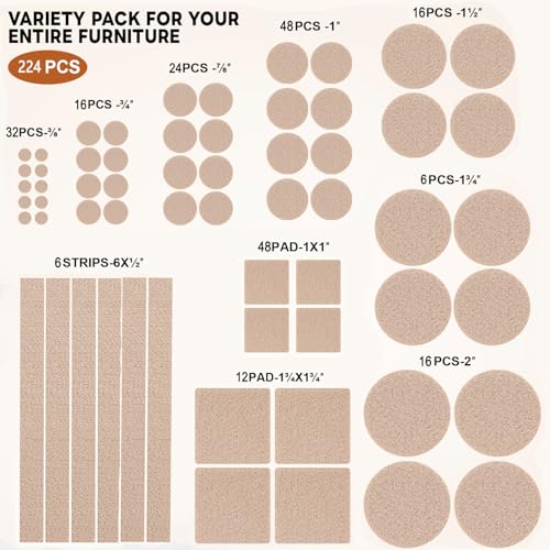 Felt Furniture Pads 224 PCS, 10 Sizes, Felt Pads for Chair Legs, Suitable for Round and Square Chair Legs, to Prevent Scratches, Reduce Noise and Protect the Floor (Beige) - size: 224PCS-Beige