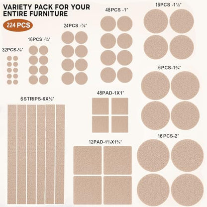 Felt Furniture Pads 224 PCS, 10 Sizes, Felt Pads for Chair Legs, Suitable for Round and Square Chair Legs, to Prevent Scratches, Reduce Noise and Protect the Floor (Beige) - size: 224PCS-Beige
