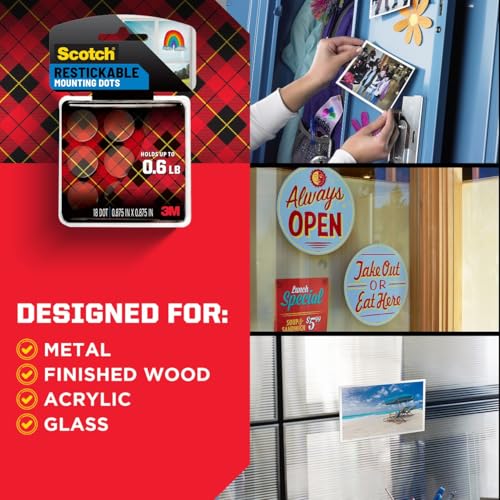 Scotch Restickable Mounting Dots, Clear, 7/8-Inch Circles, 108 Pack (6 Packs of 18)– Reusable Double-Sided Adhesive for Photos, Posters, and Lightweight Items