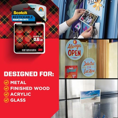 Scotch Restickable Mounting Dots, Clear, 7/8-Inch Circles, 108 Pack (6 Packs of 18)– Reusable Double-Sided Adhesive for Photos, Posters, and Lightweight Items