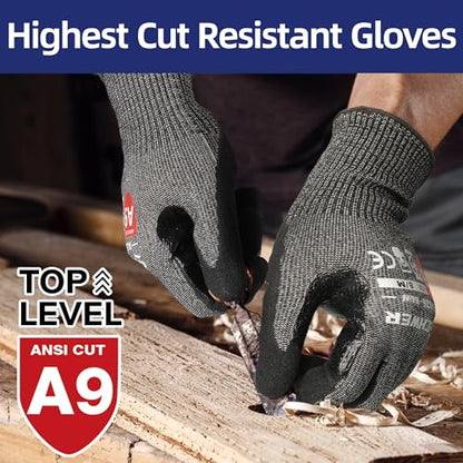 Highest Level Cut Resistant Work Gloves PR3326 for Extreme Protection，ANSI A9 Cut Gloves with Reinforced Thumb, Non Slip, Breathable, Durable, Touch-screen, Non PFAS, Black 1 Pair（L）