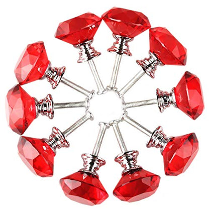 Akstore 10 Pcs Crystal Glass Cabinet Knobs 30mm Diamond Shape Drawer Kitchen Cabinets Dresser Cupboard Wardrobe Pulls Handles (Red) - color: Red
