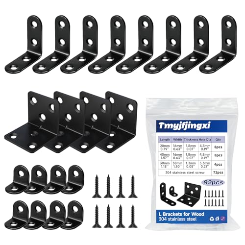 3Sizes Black L Brackets for Shelves L Shelf Bracket Metal Corner Braces for Wood Furniture with 72Pcs Screws (1.5x1.2x1.2inch 1.57x1.57x0.63inch 0.79x0.79x0.63inch) 92Pcs YY026-B - color: Black, size: L style