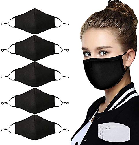 NBDIB Adult Adjustable Face Protection with Filter Pocket and Nose Wire Black Breathable Cloth Mask with 10Pcs Filters - color: 5+10pcs