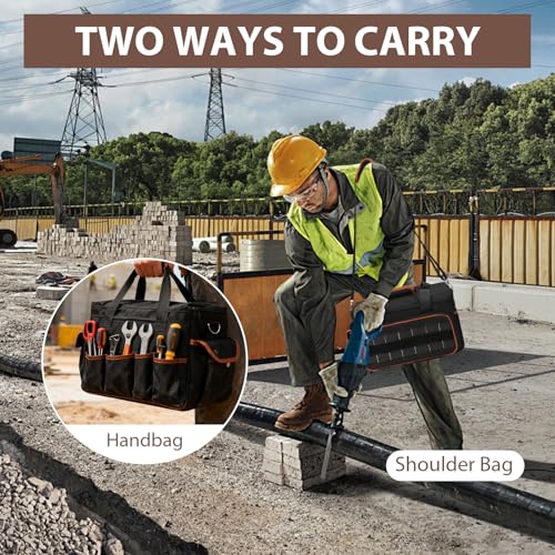 17 Inch Heavy Duty Tool Bags for Men Women, 28 Pockets Portable Tool Bag with Adjustable Shoulder Strap, Wide Mouth Tool Bag Organizer for Electricians Mechanics Carpenters