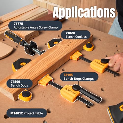 POWERTEC MT4006C Portable Workbench w/Bench Dogs & Clamps | Folding Sawhorse Worktable w/4 Bench Dogs & 2 Quick Release Bench Dog Clamps, Imprinted Ruler and Protractor Scale for Woodworking Projects