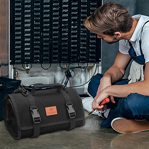 Tool Roll - Canvas Wrench Tool Organizer with 4 Pockets (Black) - color: Black, size: 4 Zipper Pockets