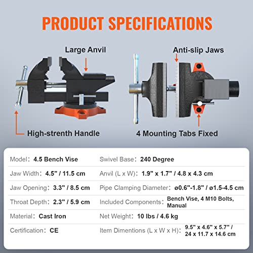 VEVOR Bench Vise, 4.5-inch Jaw Width 3.3-inch Jaw Opening, 240-Degree Swivel Locking Base Multipurpose Vise w/Anvil, Heavy Duty Cast Iron Workbench Vise w/Bolts & Nuts, for Drilling, Pipe Cutting - size: 4.5 Inch
